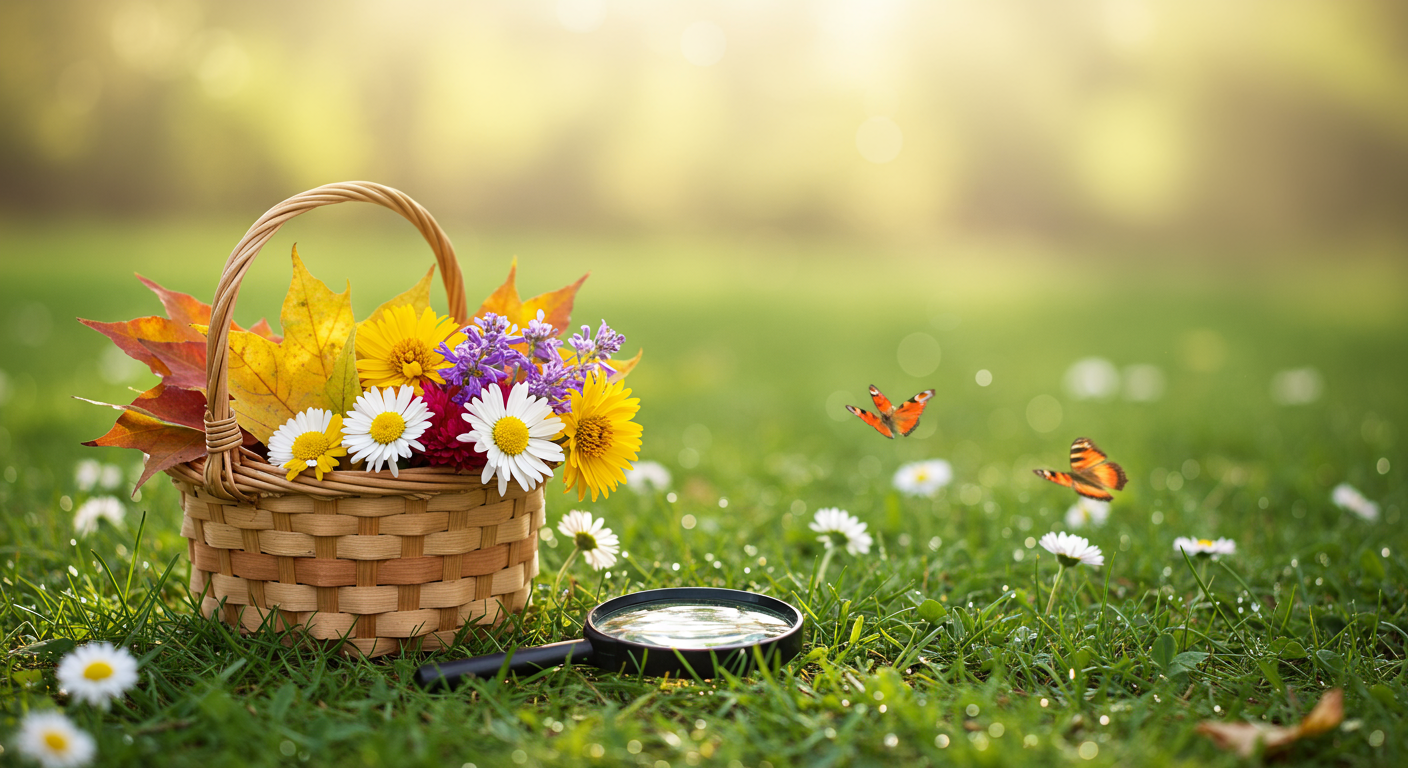 Panier de découvertes nature avec fleurs et loupe dans une prairie printanière