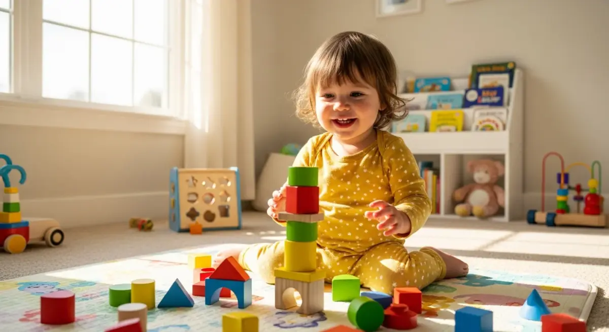 bébé jouant avec des cubes en bois colorés