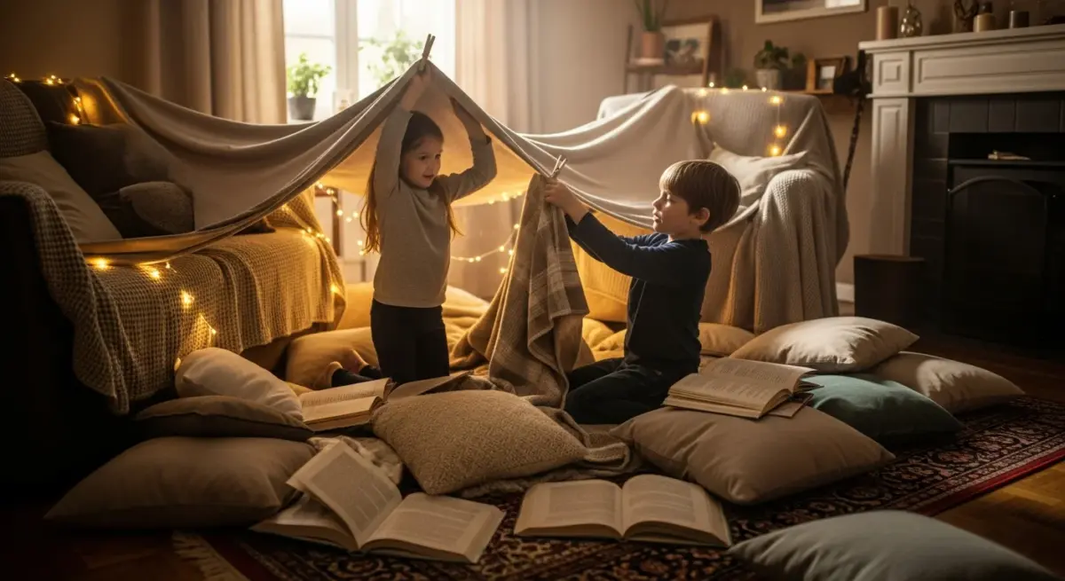 enfants fabriquant une cabane avec des couvertures