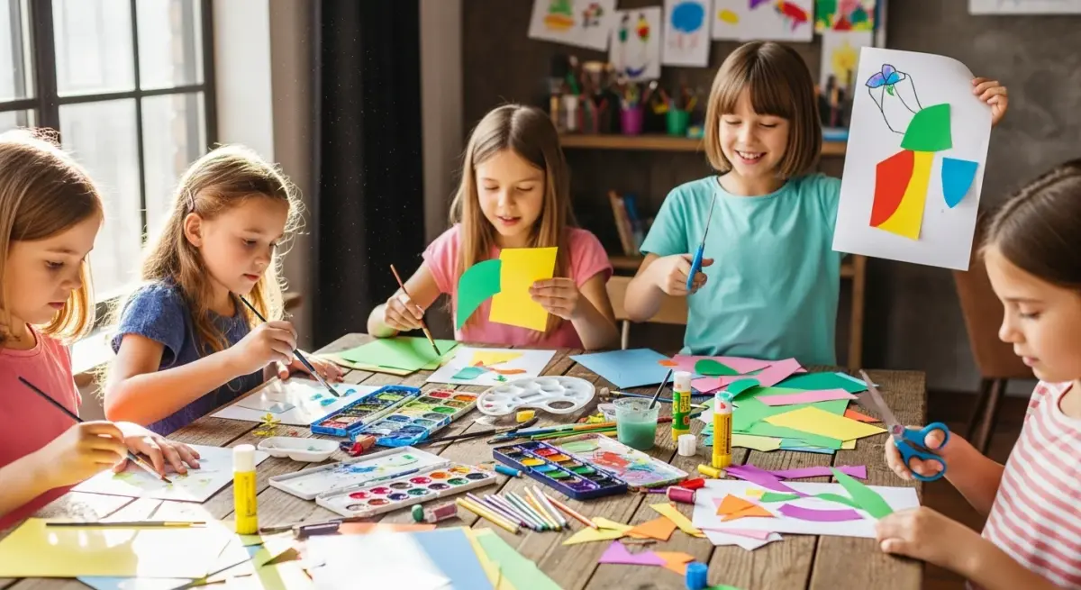 enfants peignant et bricolant à une table en bois