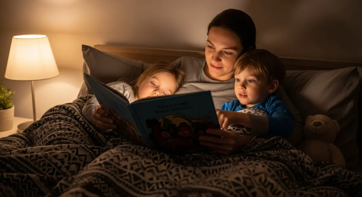 parent lisant une histoire à ses enfants au coucher